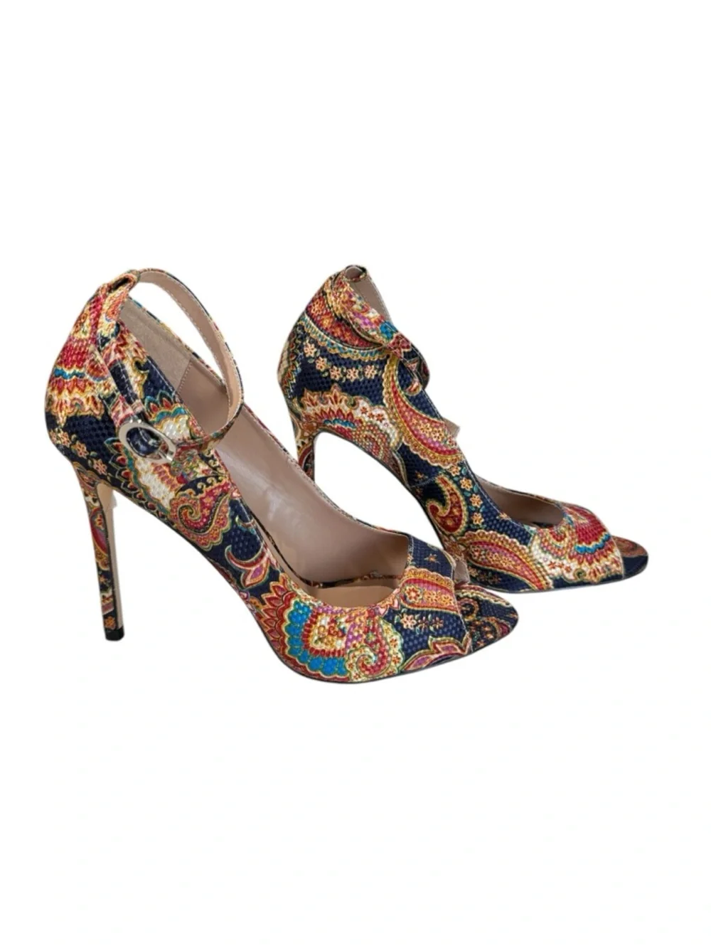 Jolimall Paisley Blue Yellow Orange Pink Ankle-Strap Peep-Toe Heels Size 9 - Picture 5 of 11